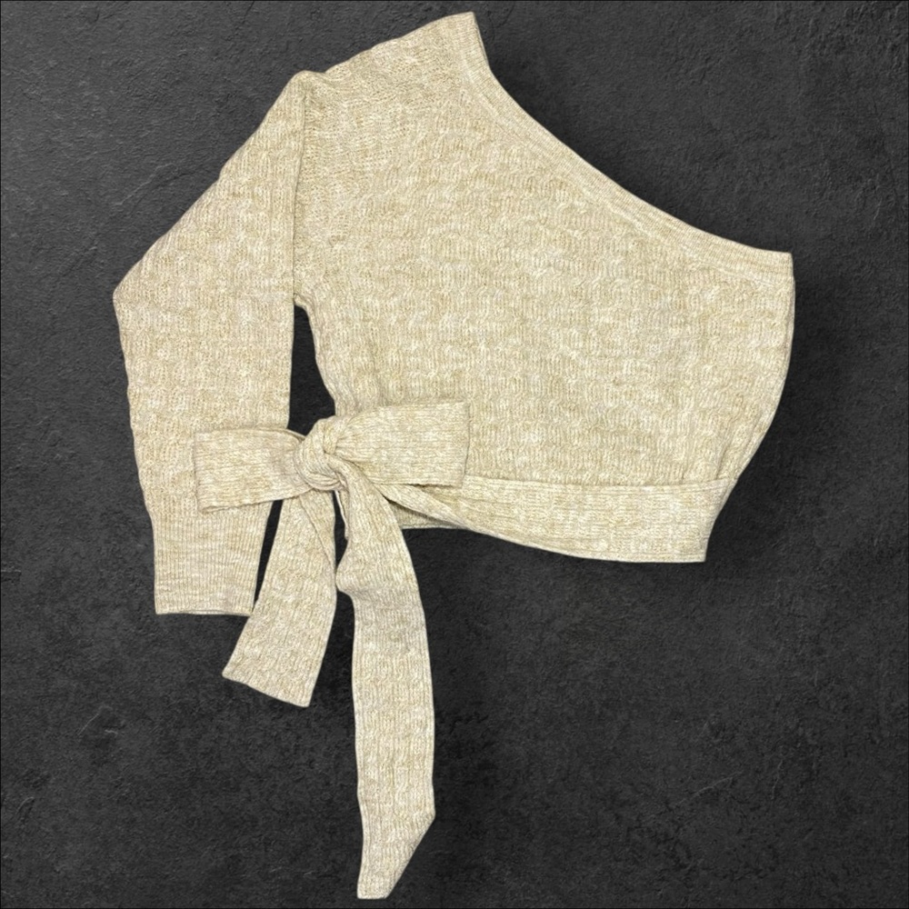 Le Lis Beige Off-Shoulder Sweater‎ with Tie Detail